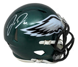 A Jordan Davis signed Philadelphia Eagles mini speed helmet by Sports Integrity, featuring the team's wing logo in dark green with a JSA QR hologram.