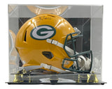The Sports Integrity Jordan Love Signed Green Bay Packers Full Size Speed Replica Helmet (#10) comes in a clear display case with a mirrored back and gold supports.