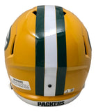 A Jordan Love Signed Green Bay Packers full-size Speed Replica helmet by Sports Integrity, featuring yellow color, white and green vertical stripe, PACKERS label on the back, and warning stickers.
