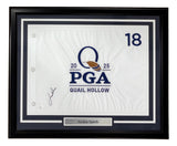 The Sports Integrity Jordan Spieth Signed Framed 2025 PGA Championship Golf Flag (JSA) features the number 18, a signature, and a nameplate in a black display frame.