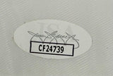 A white oval JSA sticker with a faint logo, bold black code CF24739, and signature is affixed to the Jordan Spieth Signed Framed 2025 PGA Championship Golf Flag from Sports Integrity.