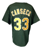 This Sports Integrity Jose Canseco Oakland green baseball jersey features yellow and white "Canseco" above the number 33, with a signature on the right side of the number.