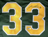 The Sports Integrity Jose Canseco Oakland Signed Green Baseball Jersey features bold yellow and white number 33 patches, with a black autograph on the right 3.