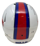The Josh Allen Signed Buffalo Bills Full Size Speed Replica Helmet by Sports Integrity features a white shell, bold red and blue center stripe, "BILLS" in blue on the back, and part of the team's star logo on the side.