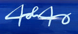 A white signature in marker appears on the blue, glossy surface of this Josh Jung Texas Rangers Signed Marucci Game Model Baseball Bat by Sports Integrity.