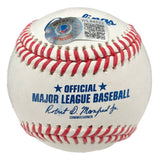 The Sports Integrity Juan Soto New York Mets Signed Official MLB Baseball features red stitching, blue printed text, commissioner’s signature, Beckett authentication sticker with QR code, and comes in a display case.