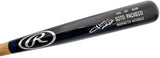 A Sports Integrity black Rawlings game model baseball bat signed by Juan Soto of the New York Mets, featuring his signature and team details in white.