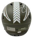 The Sports Integrity Julian Edelman Signed Patriots FS Salute To Service Speed Replica Helmet features military green, white chevrons, an American flag decal, a Salute to Service label, and Edelman's white signature.