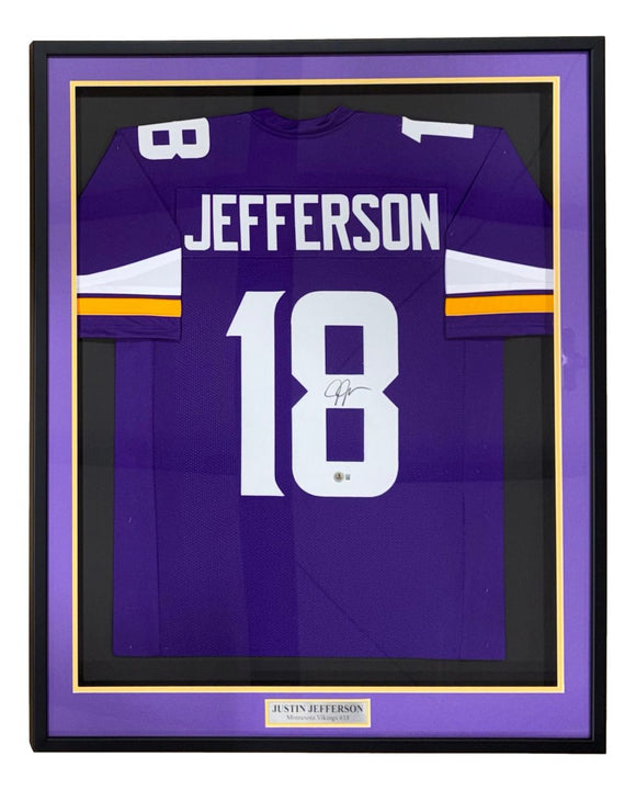 Justin Jefferson Minnesota Signed Framed Purple Football Jersey BAS