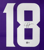 Close-up of a Justin Jefferson Minnesota Signed Framed Purple Football Jersey by Sports Integrity, featuring a large white number 18. The number 8 displays his black ink signature with an authentication sticker below it.