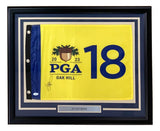 The Sports Integrity Justin Rose Signed Framed 2023 Oak Hill PGA Championship Golf Flag features the yellow No. 18 flag with acorn logo, autograph, and a nameplate, authenticated by JSA.