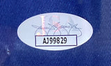 A JSA authentication sticker (code AJ99829, black on white) is affixed to the Justin Rose Signed Framed 2023 Oak Hill PGA Championship Golf Flag by Sports Integrity, displayed on a dark blue textured surface.