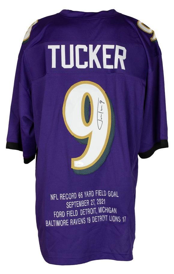 Justin Tucker Signed Purple Custom Field Goal Record Football Jersey JSA Sports Integrity