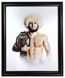The AS-IS Khabib Nurmagomedov Signed Framed 16x20 UFC Canvas by Sports Integrity features a shirtless Khabib in a papakha, holding a championship belt with his large autograph across the bottom.