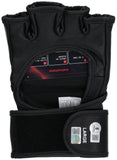 A black, fingerless Khabib Nurmagomedov Signed UFC Fight Glove BAS by Sports Integrity in size LARGE with velcro strap is shown palm-up, partially revealing an instructions card. The glove appears to be made of leather or synthetic material.