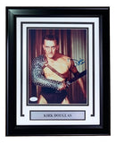 Sports Integrity Kirk Douglas Signed Framed 8x10 Spartacus Photo (JSA)—features Kirk Douglas in costume with sword, signed in blue ink, with a name plaque.