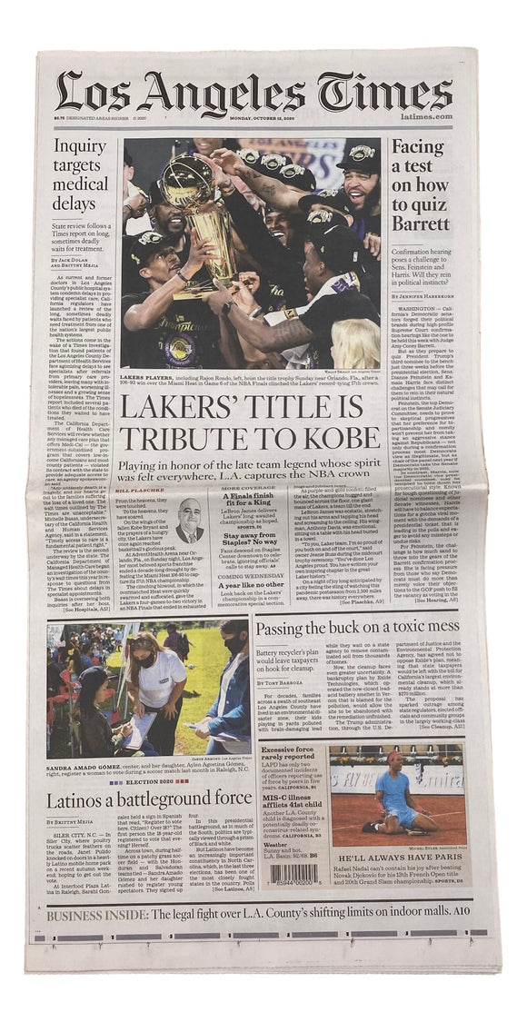 Los Angeles Lakers NBA Champions Los Angeles Times October 12, 2020 Newspaper