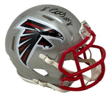 The Sports Integrity Kyle Pitts Signed Atlanta Falcons Flash Mini Speed Helmet features a silver shell, red facemask, large falcon logo, and Kyle Pitts’ signature with the number 8 in black marker.