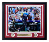 The Sports Integrity Kyle Schwarber Signed Framed 16x20 Philadelphia Phillies City Connect Photo features an autograph, a nameplate, two coins, and JSA authentication.