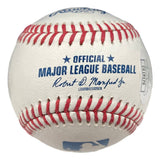 A close-up of a Sports Integrity Rawlings Official MLB Baseball, signed by Kyle Schwarber of the Philadelphia Phillies, featuring red stitching and official printed text on the front.