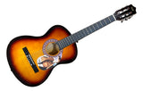 The Sports Integrity Lainey Wilson Signed 38" Acoustic Guitar BAS features a sunburst finish, nylon strings, a decorative sound hole rosette, and an image of someone in a cowboy hat on the body.