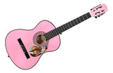 The Lainey Wilson Signed 38" Pink Acoustic Guitar by Sports Integrity features a cowgirl with a hat near the sound hole and has dark tuning pegs and fretboard.