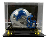 The Sports Integrity Sam LaPorta Signed Detroit Lions Mini Speed Helmet features a blue lion logo and faceguard, autographed in blue ink, and comes in a clear acrylic display case with gold accents.