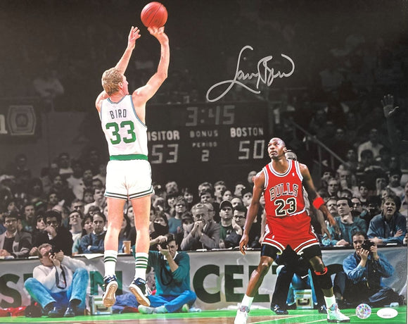 Larry Bird Signed 16x20 Boston Celtics vs Michael Jordan Photo Bird+JSA ITP