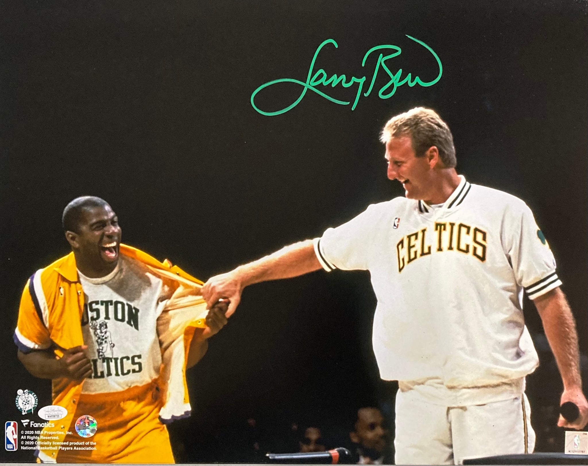 Larry Bird Signed 16x20 Celtics Shirt Pull Photo w/ Magic Johnson
