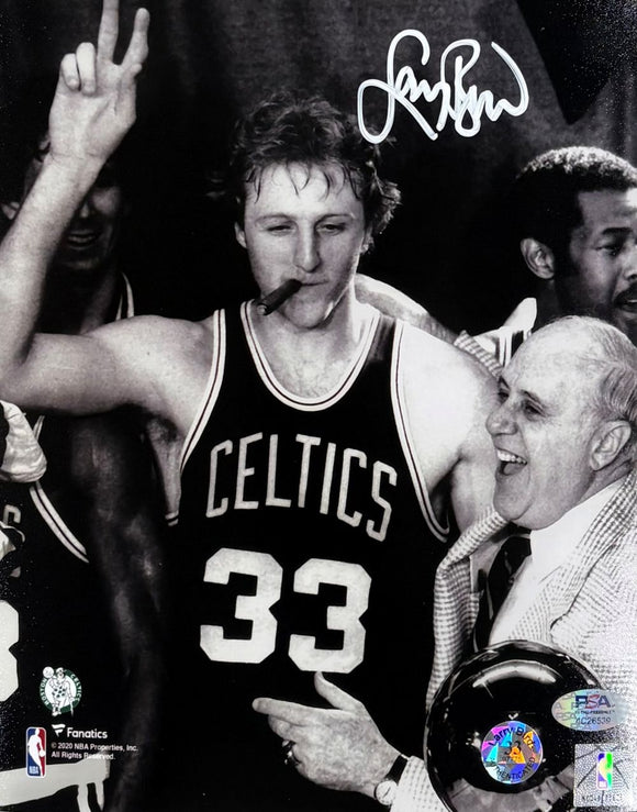 Larry Bird Signed 8x10 Boston Celtics Photo w/ Red Auerbach Bird+PSA/DNA