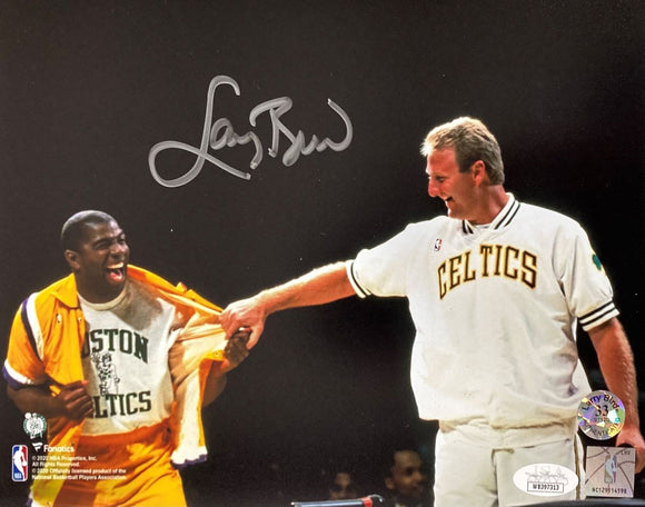 Larry Bird Signed 8x10 Boston Celtics Magic Johnson Shirt Pull Photo Bird+JSA