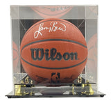 Sports Integrity Larry Bird Boston Celtics Signed Wilson NBA Basketball (Bird+JSA ITP), showcased in a clear acrylic display case with black base and gold-tone supports.