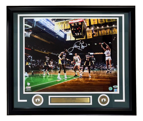 Larry Bird Signed Framed 16x20 Boston Celtics vs Lakers Photo Bird+PSA/DNA