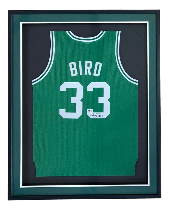Larry Bird Signed Framed Custom Green Pro-Style Basketball Jersey BAS ITP