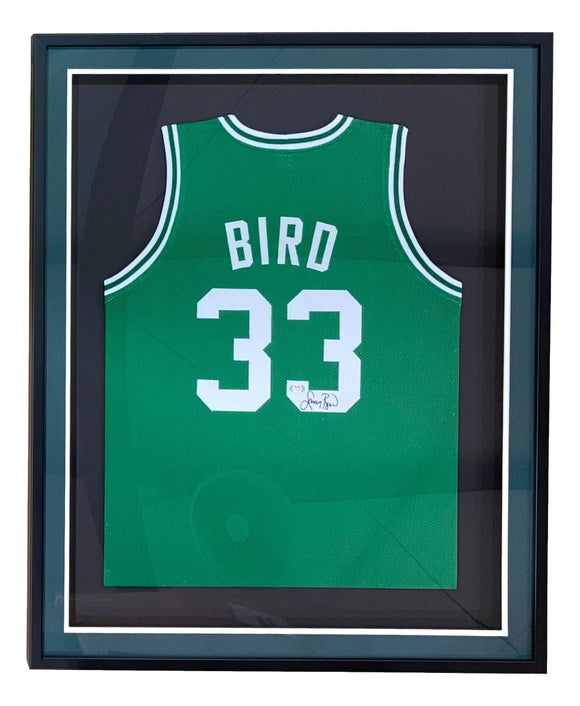 Larry Bird Boston Signed Framed Green Basketball Jersey PSA ITP