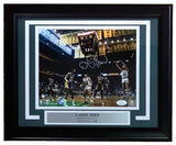 Sports Integrity Larry Bird Signed Framed 8x10 photo shows Bird shooting vs. Lakers, with opponents visible. Includes a plaque: LARRY BIRD, Boston Celtics #33, Hall of Fame 1998. JSA authentication included.