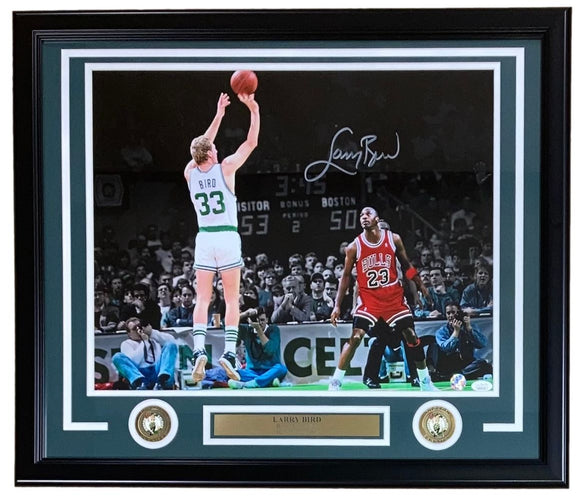 Larry Bird Signed Framed 16x20 Boston Celtics vs Michael Jordan Photo Bird+JSA