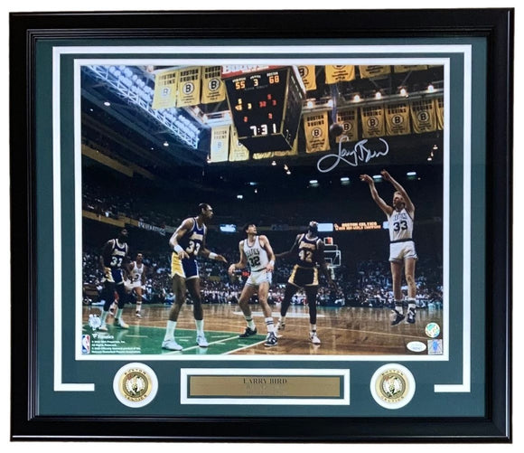 Larry Bird Signed Framed 16x20 Boston Celtics vs Lakers Photo Bird+JSA