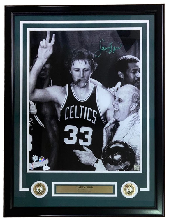 Larry Bird Signed Framed 16x20 Boston Celtics Photo w/ Red Auerbach Bird+JSA ITP