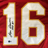Len Dawson Kansas City Chiefs red football jersey signed "Len Dawson HOF 87" on the number 1 in black marker. Authenticated by BAS. Brand: Sports Integrity.