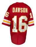 A Sports Integrity Len Dawson Kansas City red football jersey with yellow and white accents, "DAWSON" and #16 on the back, signed in black marker. Includes HOF 87 inscription and BAS authentication.