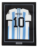 The Sports Integrity Lionel Messi Signed Framed Argentina Adidas Soccer Jersey ICONS LOA features light blue and white stripes, "MESSI" and #10, a front signature, black border, and nameplate at the bottom.