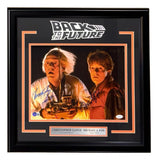 Sports Integrity Michael J Fox & Lloyd Signed Framed 11x14 Back to the Future Photo (JSA+BAS), featuring autographs and an image of Doc Brown and Marty McFly looking surprised.
