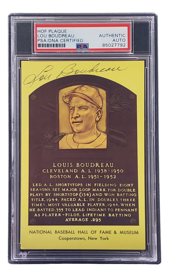 Lou Boudreau Signed 4x6 Cleveland HOF Plaque Card PSA/DNA 85027792 Sports Integrity