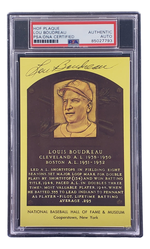 Lou Boudreau Signed 4x6 Cleveland HOF Plaque Card PSA/DNA 85027793 Sports Integrity