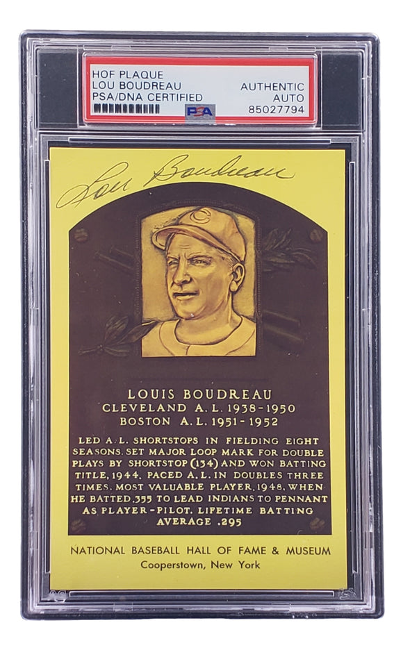 Lou Boudreau Signed 4x6 Cleveland HOF Plaque Card PSA/DNA 85027794 Sports Integrity