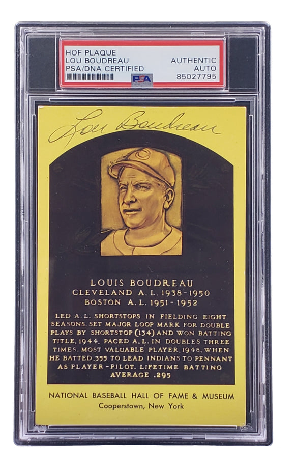 Lou Boudreau Signed 4x6 Cleveland HOF Plaque Card PSA/DNA 85027795 Sports Integrity