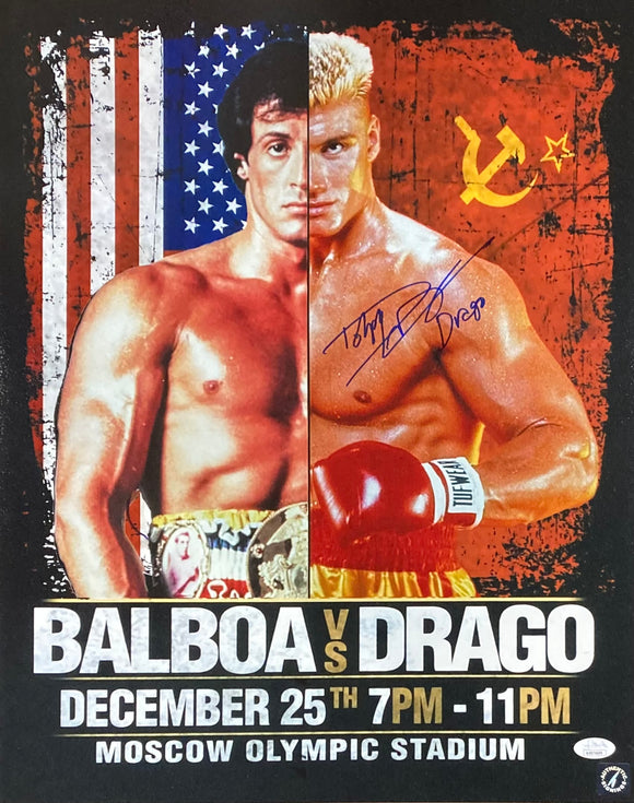 Dolph Lundgren Signed 16x20 Rocky IV Fight Poster Photo Drago Inscribed JSA ITP Sports Integrity