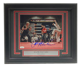 Sports Integrity's framed 8x10 photo of The Karate Kid crane kick scene, signed by Ralph Macchio, includes JSA authentication and a nameplate.