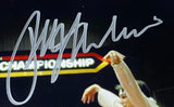 A silver autograph appears on an 11x14 spotlight photo of The Karate Kid, signed by Ralph Macchio and authenticated by JSA ITP. Offered by Sports Integrity, the image displays a blurred CHAMPIONSHIP background and an outstretched arm.